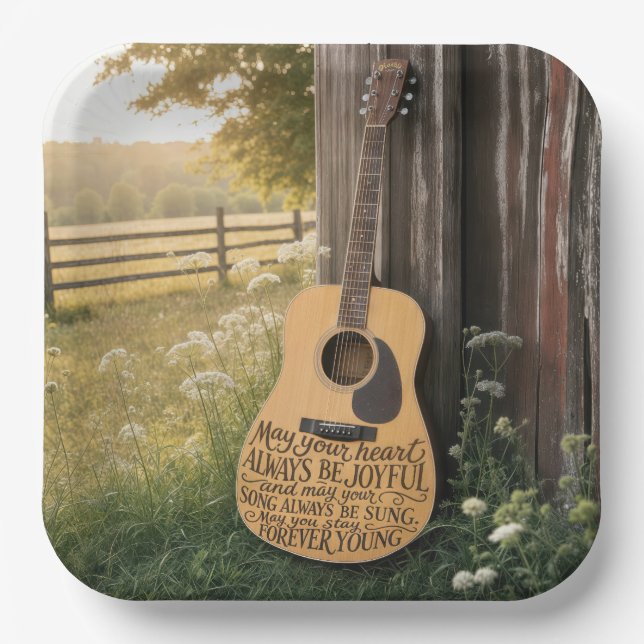 Guitar Leaning on a Barn with Quote Paper Plate (Front)