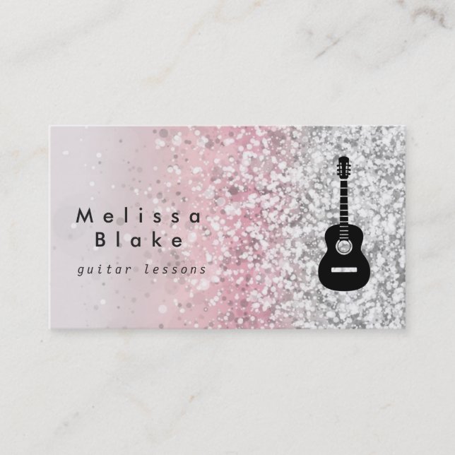 guitar lessons faux glitter sparkling effect business card (Front)