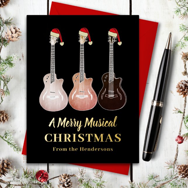 Guitar Merry Musical Christmas Black and Gold (Merry musical Christmas guitars wearing Santa hats black and gold foil custom holiday greetings card)