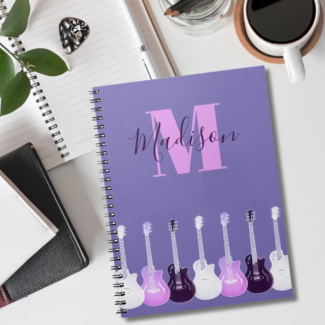 Guitar Monogram Pink Purple Notebook (Guitar pattern pink & purple personalized monogram notebook for guitarist musician songwriting ideas)