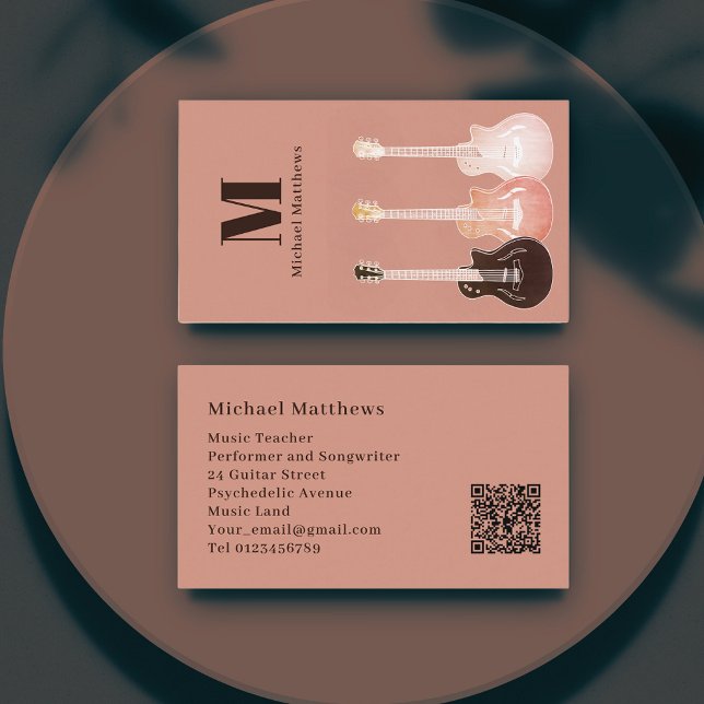 Guitar Muisc Teacher QR Code Business Card (Guitar music teacher musician qr code business card with rustic guitar illustrations )