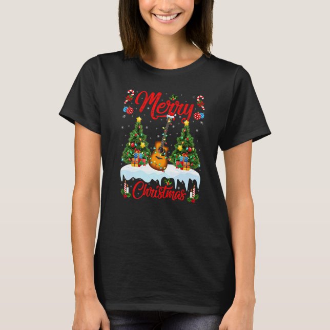 Guitar Music  Lights Xmas Tree Santa Guitar Christ T-Shirt (Front)