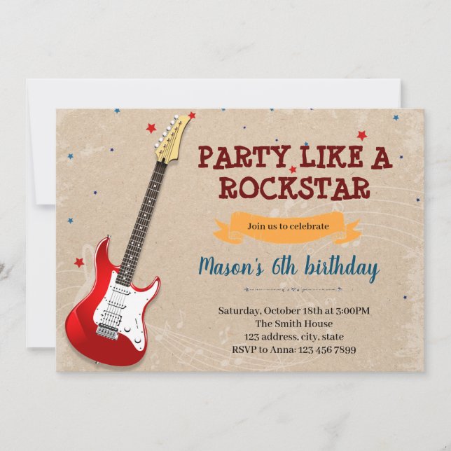 Guitar music party theme invitation (Front)