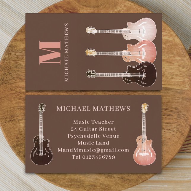 Guitar Music Teacher Brown Business Card (Rustic guitar music teacher professional musician Business card Country music semi acoustic guitars)