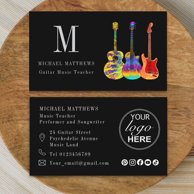 Guitar Music Teacher Custom Logo and Social Media Business Card (Modern professional musician guitar music teacher logo social media Business card)