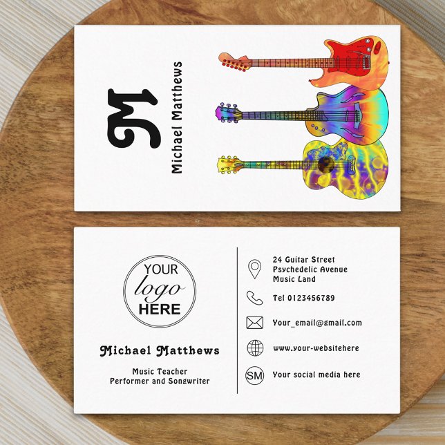 Guitar Music Teacher Custom Logo Social Media Icon Business Card (Modern guitar teacher professional musician logo social media Business card retro groovy typography )