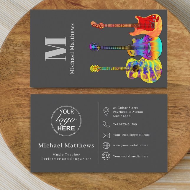 Guitar Music Teacher Custom Logo Social Media Icon Business Card (Guitar music teacher professional musician logo social media Business card)