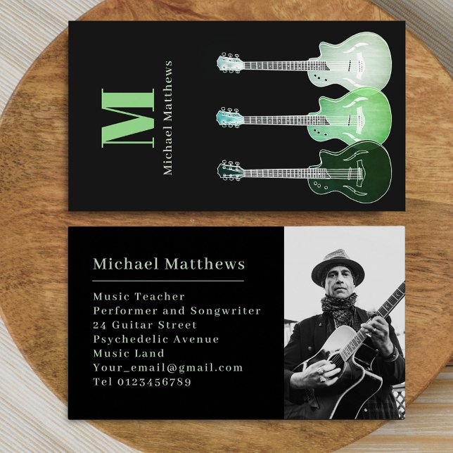 Guitar Music Teacher Custom Photo Business Card (Modern guitar music teacher professional musician photo Business card Green and black guitar art)