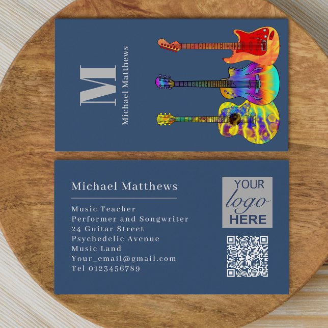 Guitar Music Teacher Custom QR Code and Logo Business Card (Guitar music tutor professional musician logo QR code blue gray Business card)