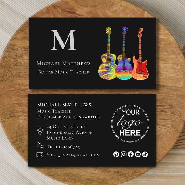 Guitar Music Teacher Logo Social Media Custom Business Card (Modern guitar music teacher professional musician logo social media Business card Colorful guitars)