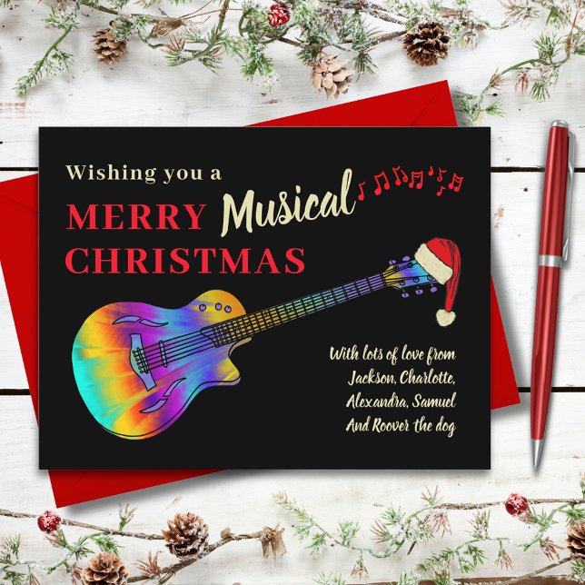 Guitar Musical Merry Christmas Budget Holiday Postcard (Christmas guitar wearing a Santa hat merry musical holiday greetings card)
