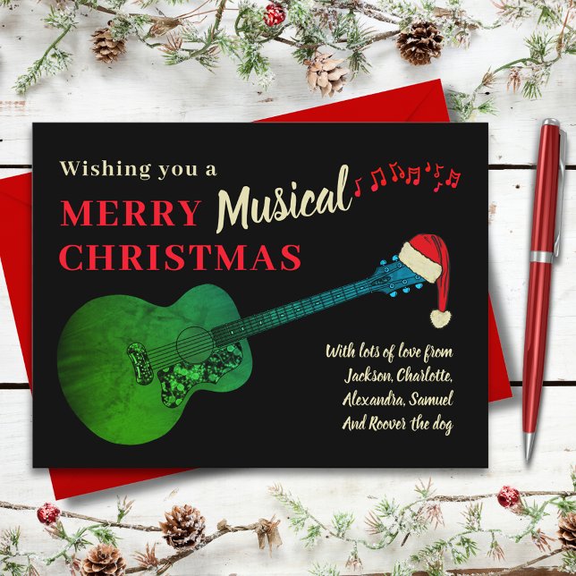 Guitar Musical Merry Christmas Personalised Holiday Postcard (Merry musical christmas guitar wearing Santa hat custom budget holiday greetings postcard)