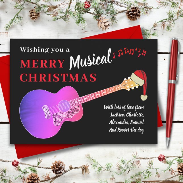 Guitar Musical Merry Christmas Pink Budgte Holiday Postcard (Christmas guitar wearing a Santa hat custom pink and black budget holiday greetings postcard)