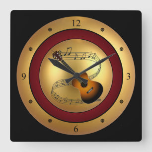 Guitar~Musical Scroll~Gold/Maroon/Black Background Square Wall Clock