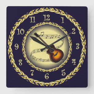 Guitar ~ Musical Scroll ~ Gold/Navy Blue ~ Square Wall Clock