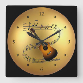 Guitar ~Musical Scroll ~Golden Globe Background ~ Square Wall Clock