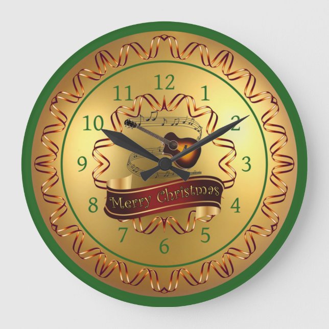 Guitar ~ Musical Scroll ~ “Merry Christmas” Large Clock (Front)