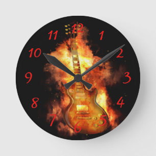 Guitar on fire round clock