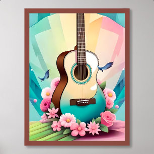 guitar painting acoustic colourful rose flower pin poster