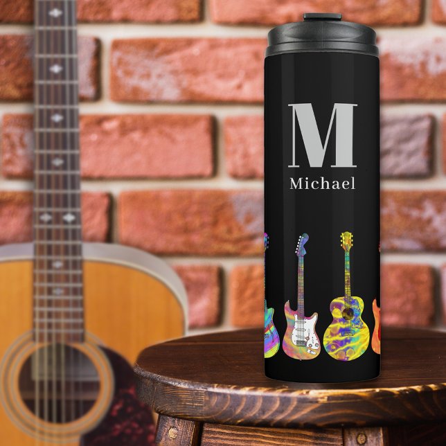 Guitar Pattern add Name Thermal Tumbler (Guitar pattern custom monogram black thermal tumbler with funky psychedelic pop art guitars )