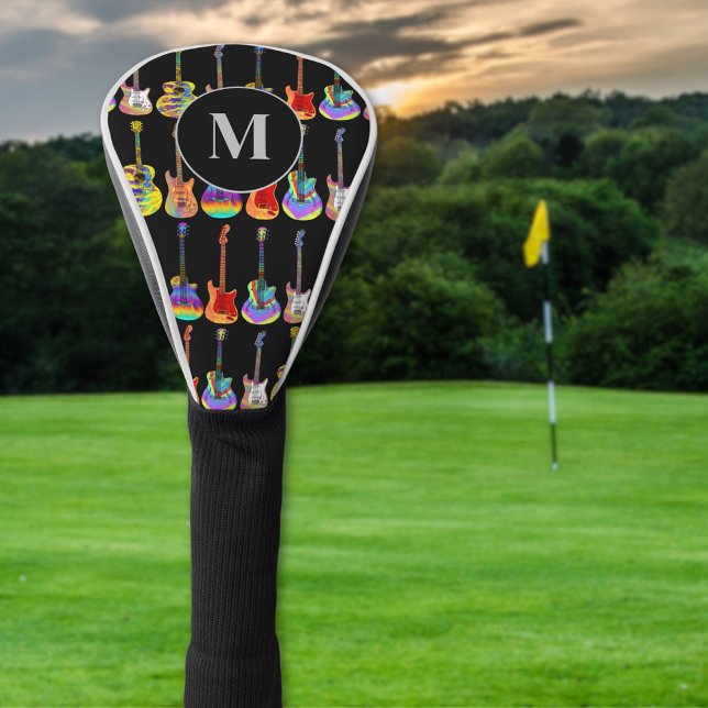 Guitar Personalised Golf Head Cover (Colorful guitar pattern monogram black golf head cover for guitarist musicians )