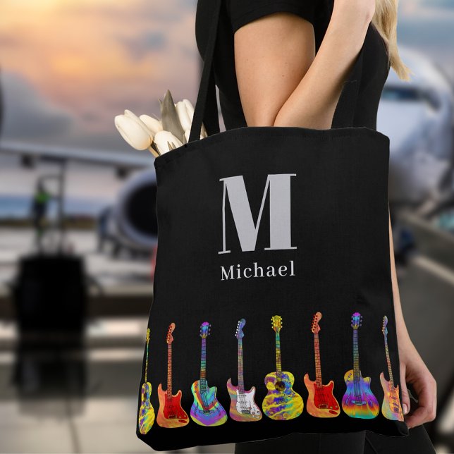 Guitar personalised tote bag (Funky guitar pattern on black personalized monogram musicians tote bag)