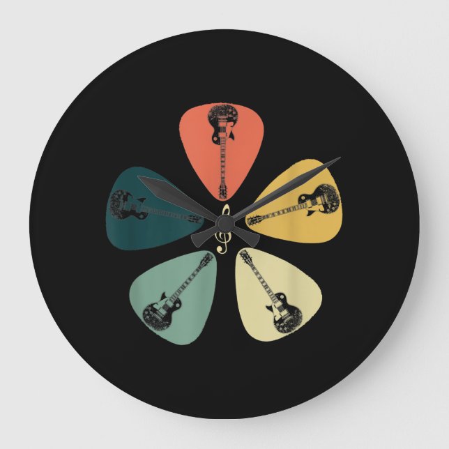 Guitar Pick Shirt. Retro Style, Gift For Guitarist Large Clock (Front)
