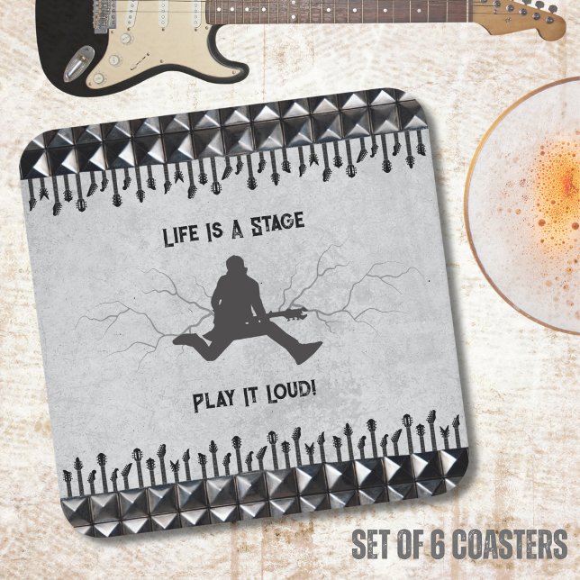 Guitar Play It Loud Grey Black Music Rockstar  Square Paper Coaster (Inspire your inner Rockstar with these edgy Life Is a Stage coasters)