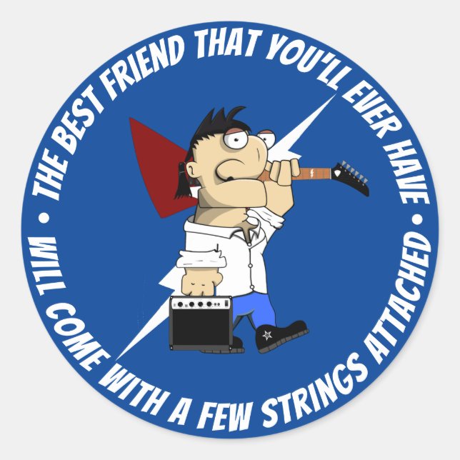 Guitar Player Best Friend On The Road Blue Cartoon Classic Round Sticker (Front)