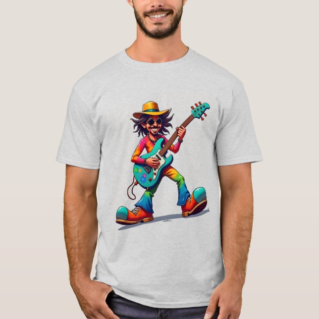 Guitar Player Performing on a Chair Cartoon T-Shirt (Front)