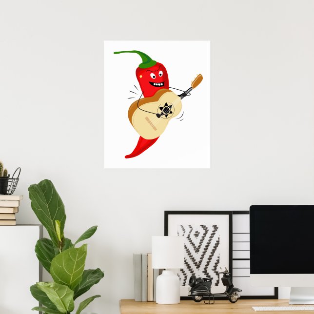 Guitar Playing Chilli Pepper, Funny Cartoon Poster (Home Office)