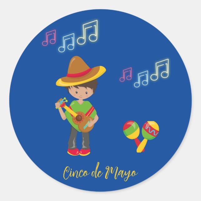 Guitar Playing Hombre with Maracas Music Notes Classic Round Sticker (Front)