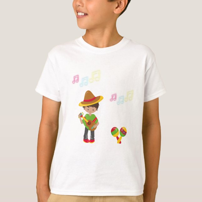 Guitar Playing Hombre with Maracas Music Notes T-Shirt (Front)