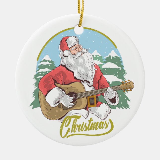 Guitar Playing Santa Claus | Christmas Ceramic Tree Decoration (Front)