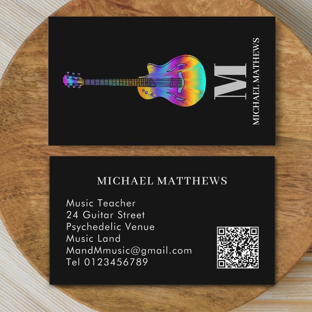 Guitar Professional Music Teacher QR Code Business Card (Modern guitar teacher professional musician qr code Business card Colorful semi acoustic guitar art )
