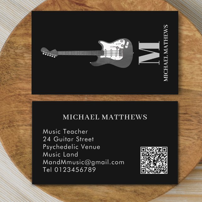 Guitar Professional Musician Custom QR Code Busine Business Card (Modern Guitar music teacher professional musician qr code Business card Minimalist stylish black )