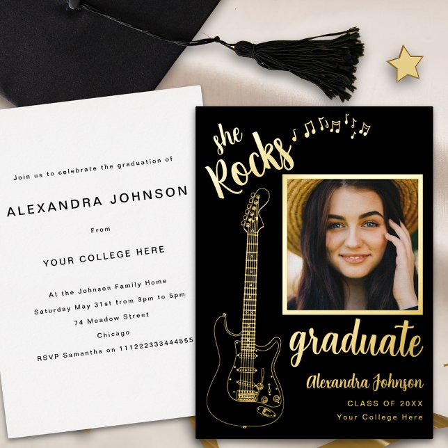 Guitar Rock Music Graduation Party Black and Gold (Modern graduate photo Guitar rock music black and gold foil Graduation party invitation)