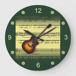 Guitar~Rolled Sheet Music~Gold/Green Background~ Large Clock
