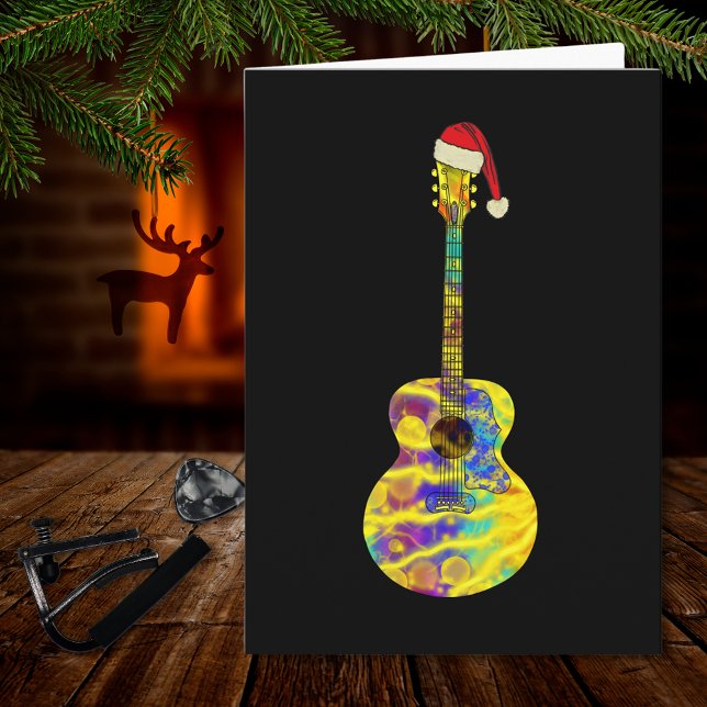 guitar Santa Colourful  Card (Funky Christmas guitar wearing a Santa hat on black music themed holiday greetings card musician)
