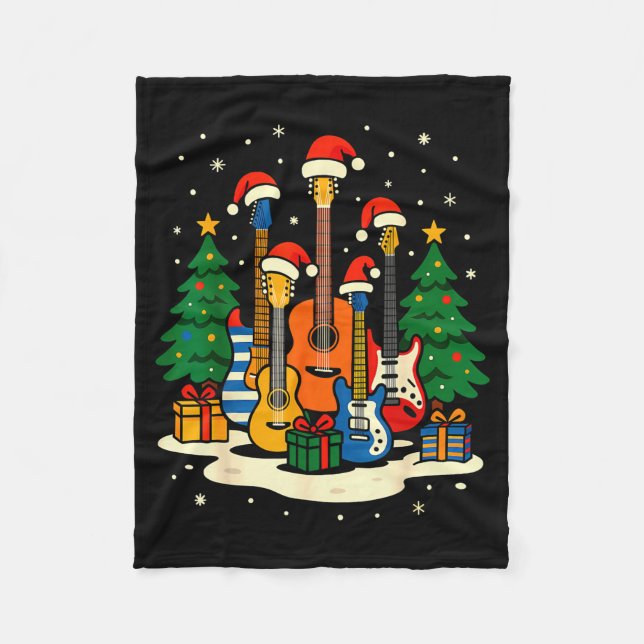Guitar Santa Hat Christmas Tree Light Funny Music  Fleece Blanket (Front)