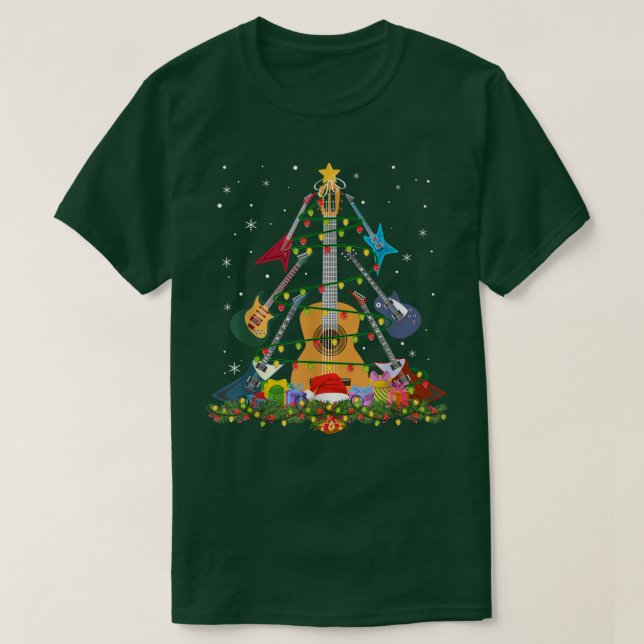 Guitar Santa Hat Christmas Tree Music Loves Xmas  T-Shirt (Design Front)