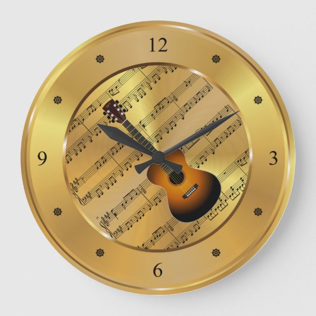 Guitar ~ Sheet Music ~ Gold Background ~ Unique ~ Large Clock (Front)