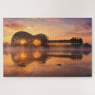 Guitar Silhouette of Trees with Ducks Jigsaw Puzzle