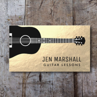 guitar silhouette on faux gold foil business card