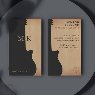 Guitar Silhouette Tan Wood Monogram Guitarist Business Card