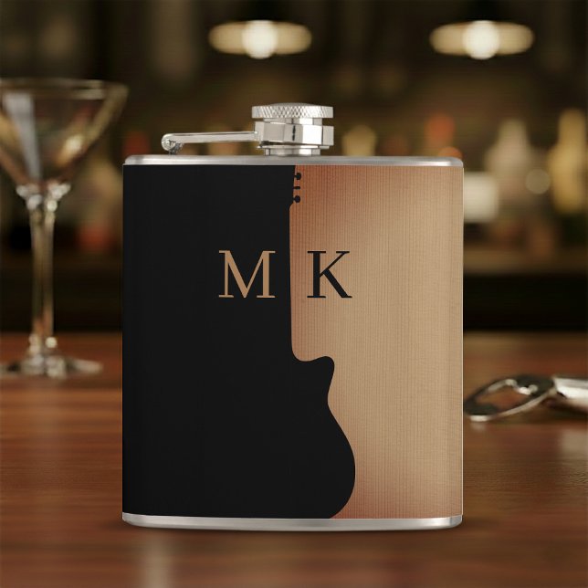 Guitar Silhouette Tan Wood Name Monogram Hip Flask (Creator Uploaded)