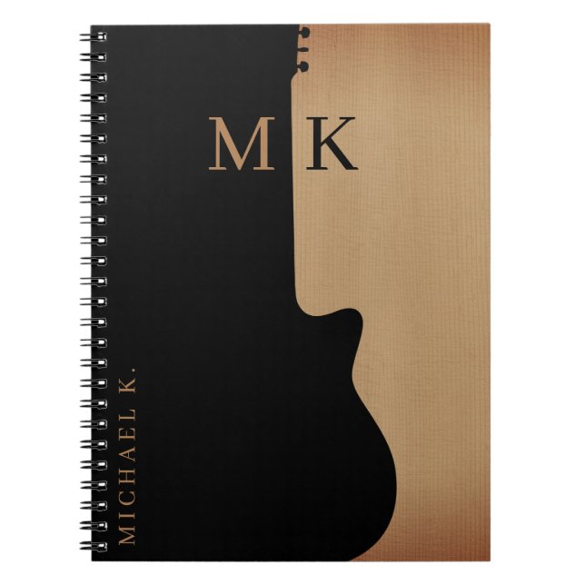 Guitar Silhouette Tan Wood Name Monogram  Notebook (Front)