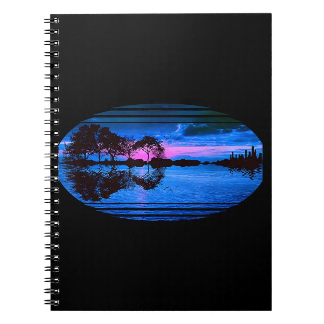 Guitar Sunset Sky Trees City Lake Reflection Notebook (Front)