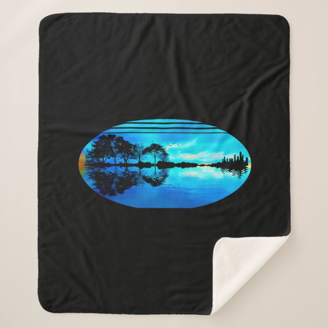 Guitar Sunset Sky Trees City Lake Reflection Sherpa Blanket (Front)