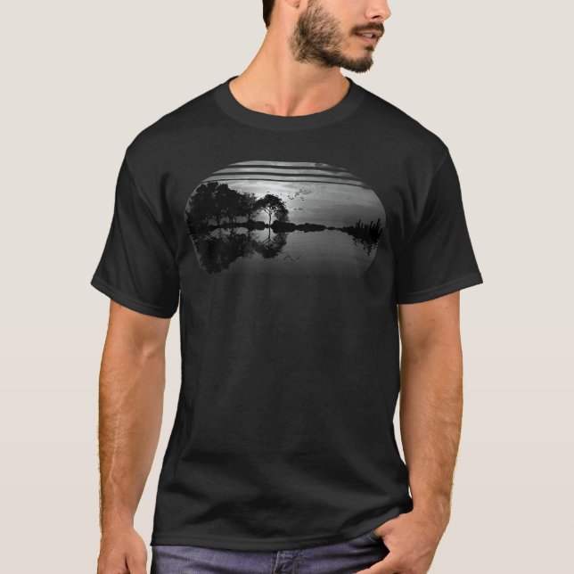 Guitar Sunset Sky Trees City Lake Reflection Styli T-Shirt (Front)